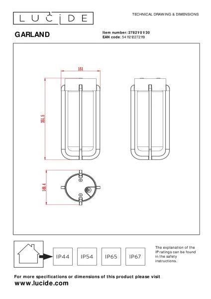 Lucide GARLAND - Plafonnier Intérieur/Extérieur - Ø 15,1 cm - 1xE27 - IP44 - Noir - TECHNISCH